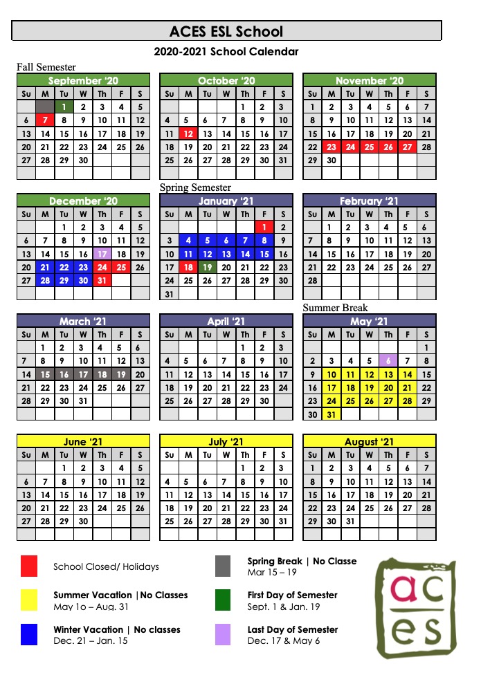 School Calendar – ACES ESL School